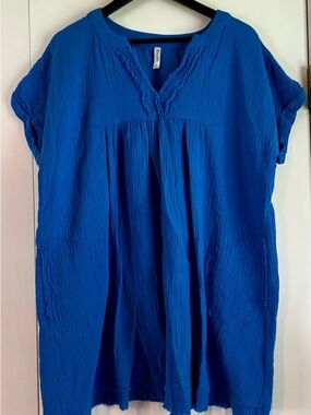 Zenana Outfitters Bright Blue Crinkle V-Neck Dress